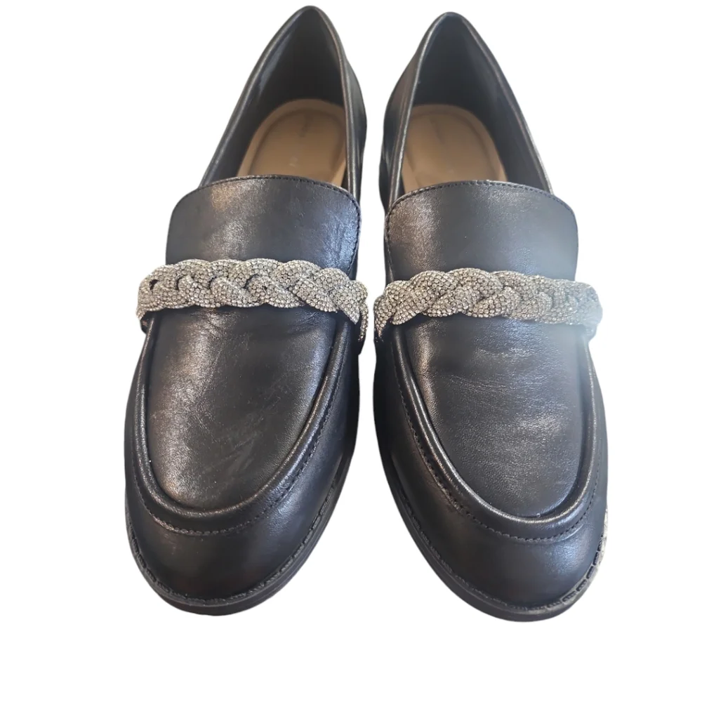 Gianni Bini Bristow Black Leather Rhinestone Braided Loafers Sz 7.5
